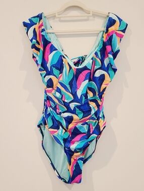 La Blanca Colorful Petal Swirl Off Shoulder Ruffle Hem One Piece Swimsuit